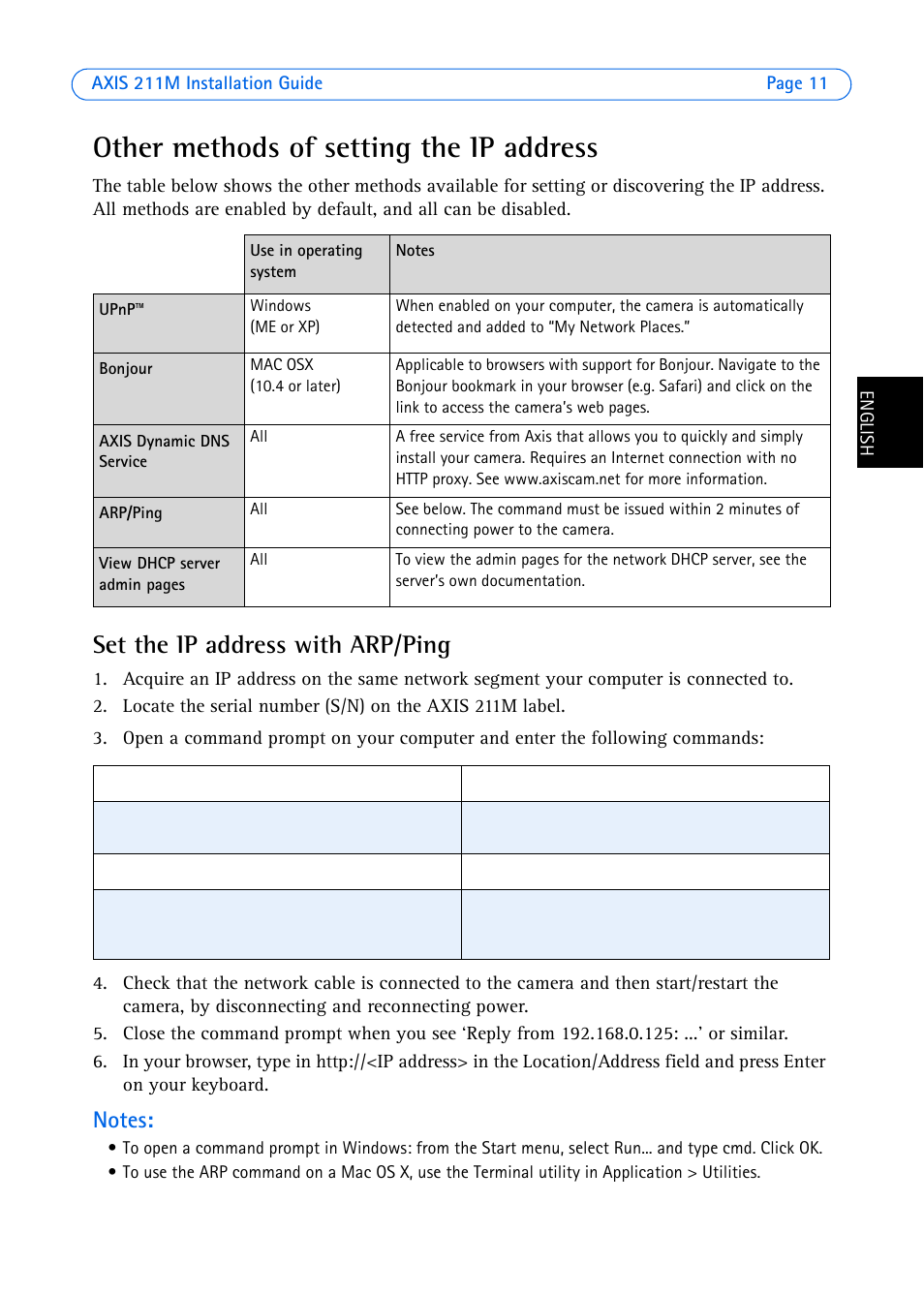 Other methods of setting the ip address, Set the ip address with arp/ping | Axis Communications 211M User Manual | Page 11 / 64