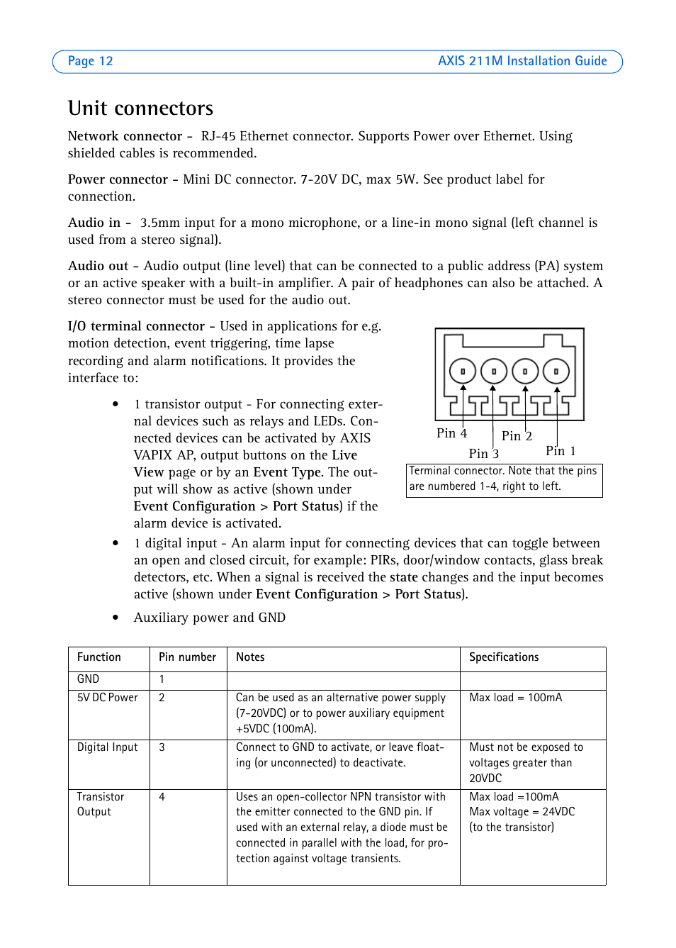 Unit connectors | Axis Communications 211M User Manual | Page 12 / 64