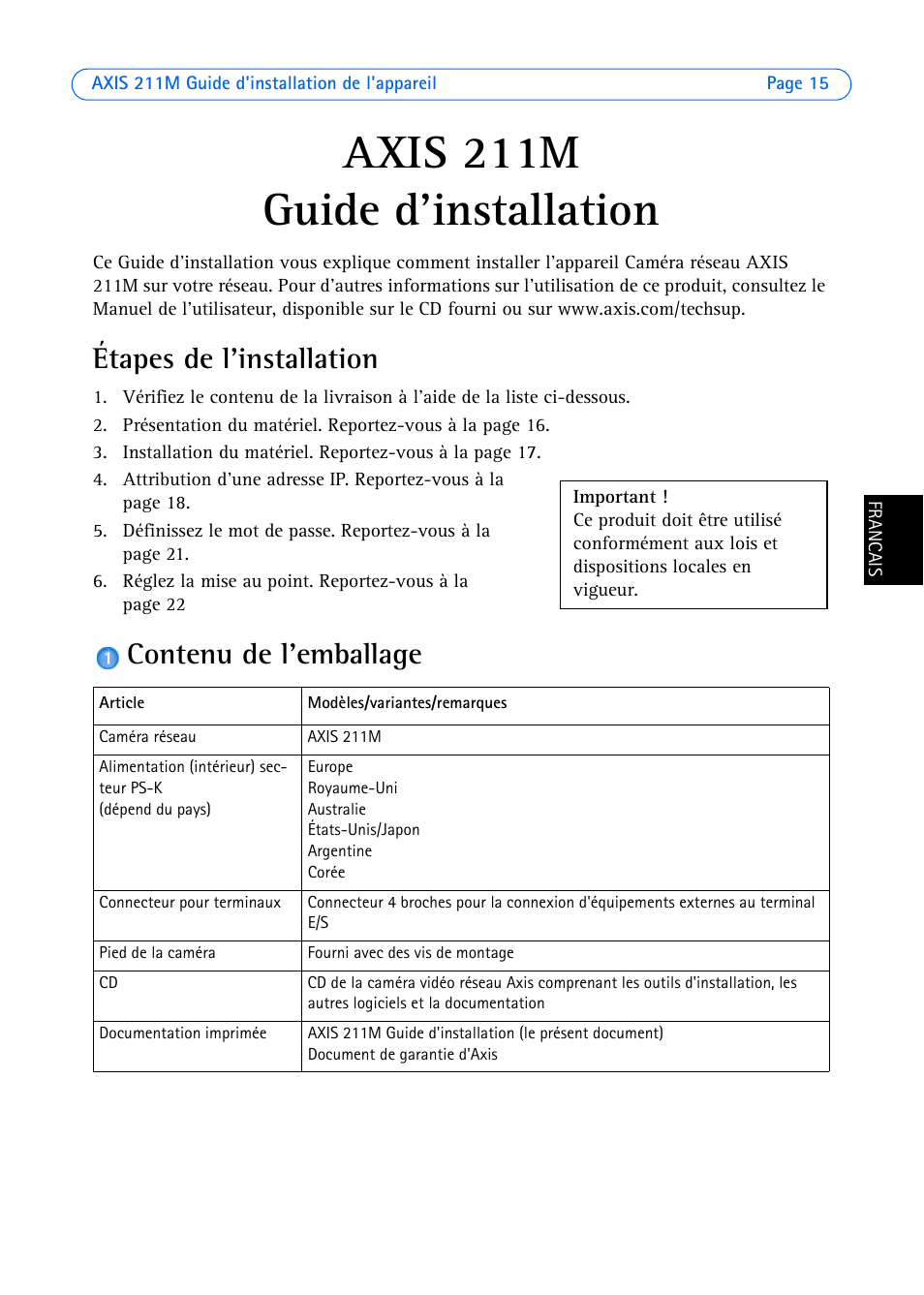 Axis 211m, Guide d'installation, Étapes de l'installation | Contenu de l'emballage | Axis Communications 211M User Manual | Page 15 / 64
