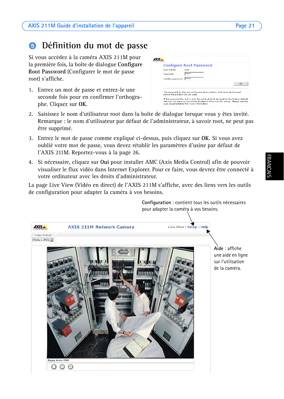 Définition du mot de passe | Axis Communications 211M User Manual | Page 21 / 64