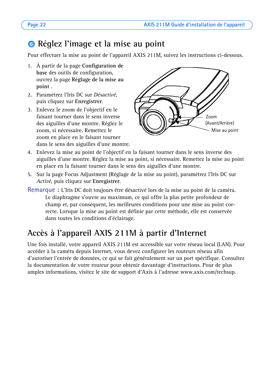Réglez l'image et la mise au point, Accès à l'appareil axis 211m à partir d'internet | Axis Communications 211M User Manual | Page 22 / 64