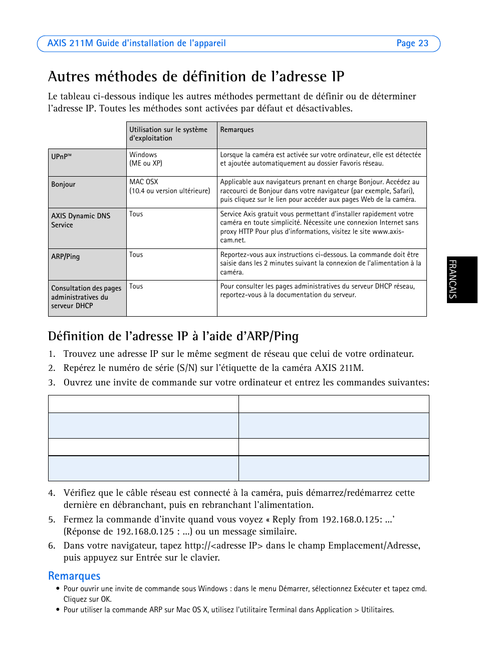 Autres méthodes de définition de l'adresse ip, Définition de l'adresse ip à l'aide d'arp/ping, Remarques | Axis Communications 211M User Manual | Page 23 / 64