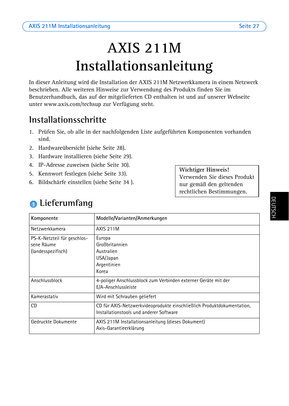 Axis 211m, Installationsanleitung, Installationsschritte | Lieferumfang | Axis Communications 211M User Manual | Page 27 / 64