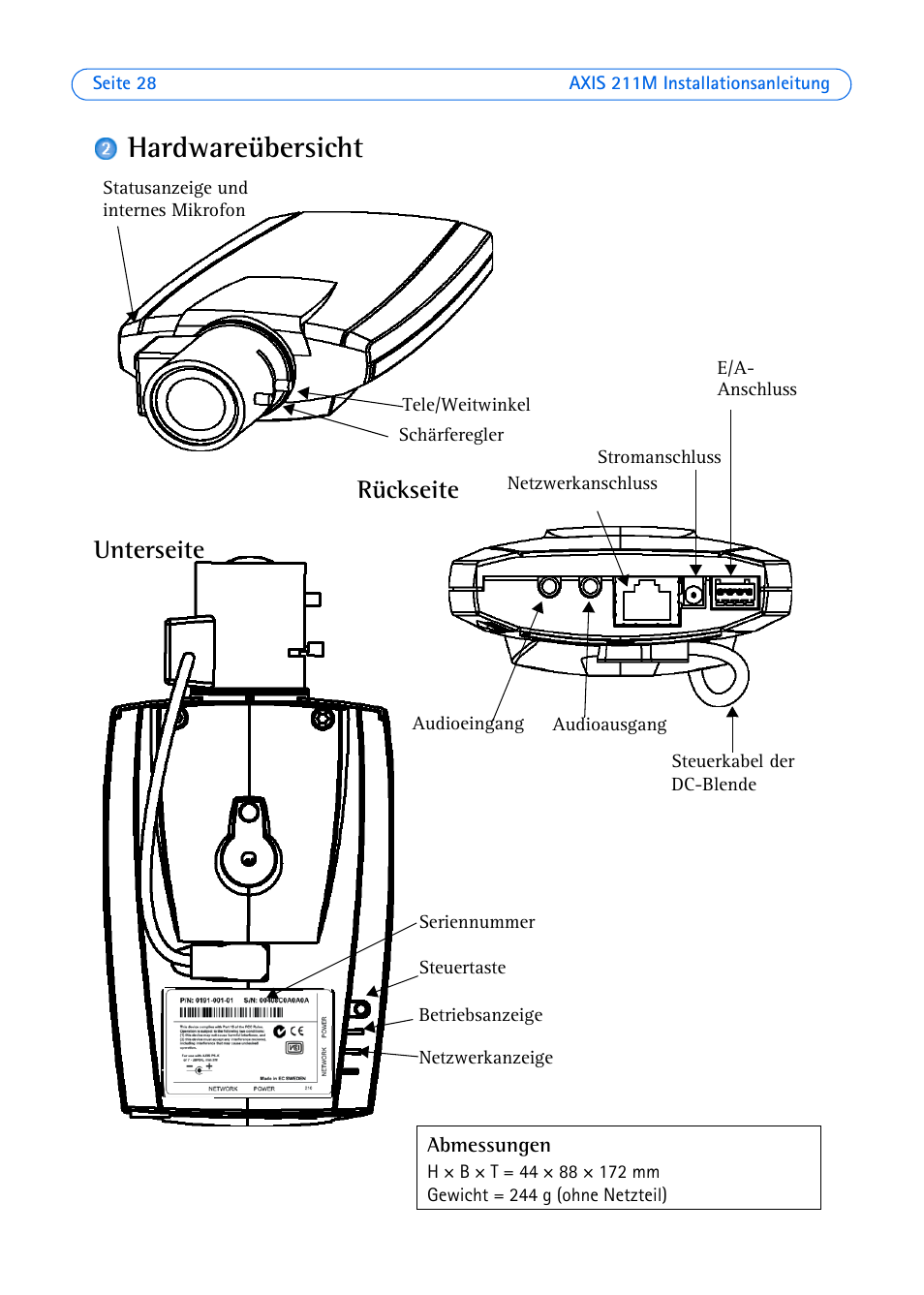 Hardwareübersicht, Unterseite rückseite | Axis Communications 211M User Manual | Page 28 / 64
