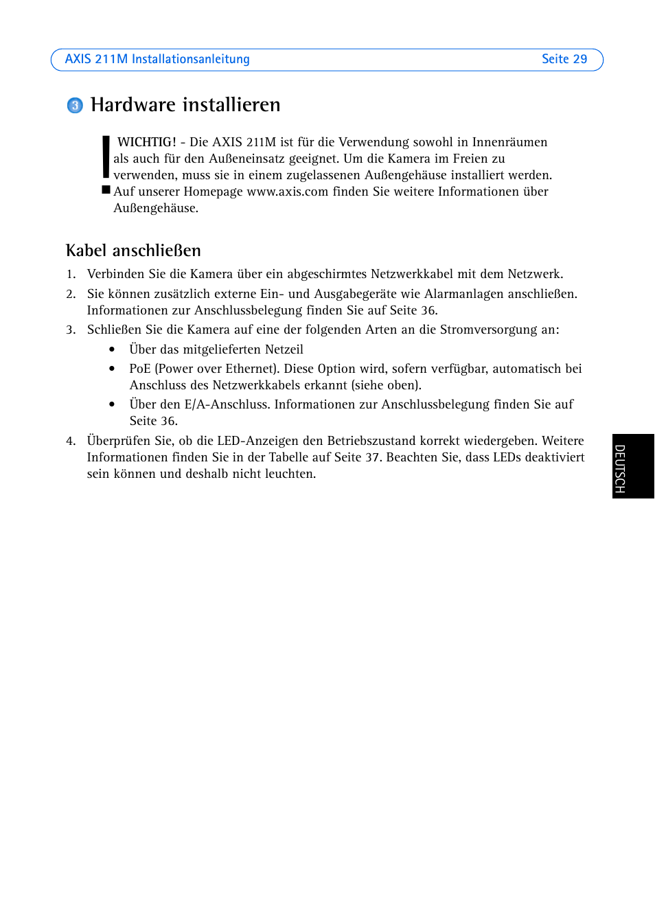 Hardware installieren | Axis Communications 211M User Manual | Page 29 / 64