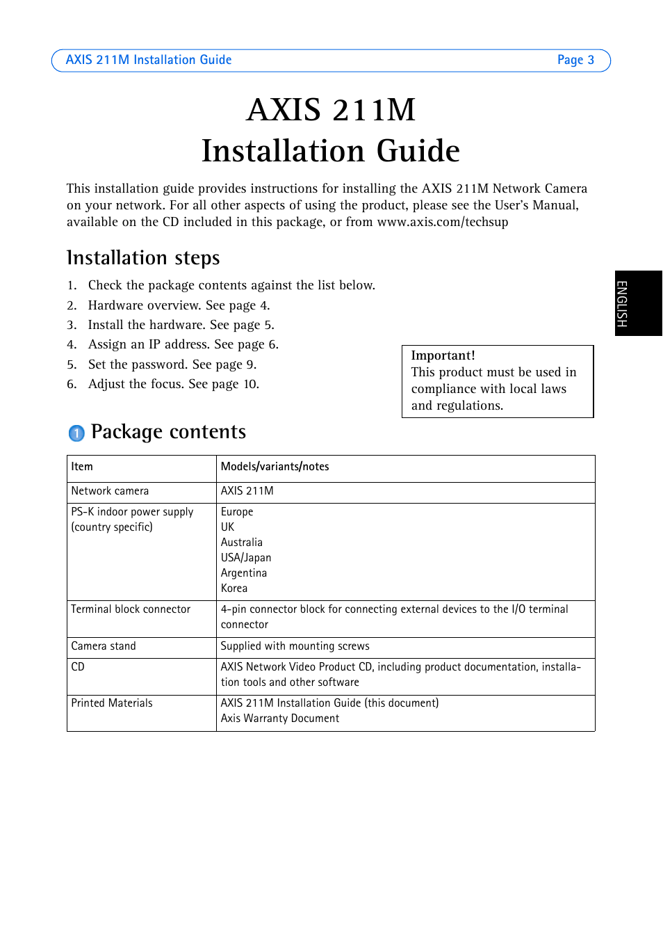Axis 211m, Installation guide, Installation steps | Package contents | Axis Communications 211M User Manual | Page 3 / 64