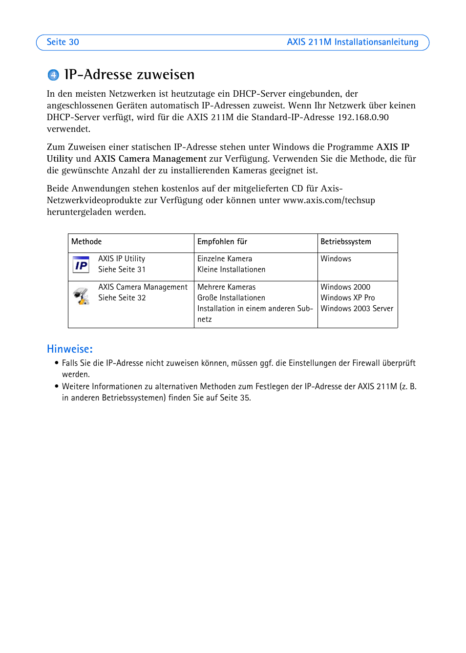 Ip-adresse zuweisen, Hinweise | Axis Communications 211M User Manual | Page 30 / 64