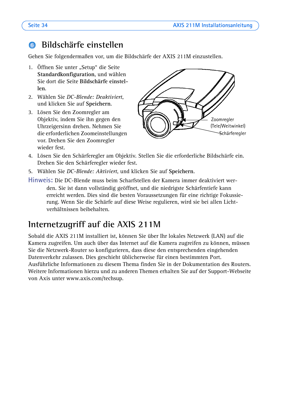 Bildschärfe einstellen, Internetzugriff auf die axis 211m | Axis Communications 211M User Manual | Page 34 / 64
