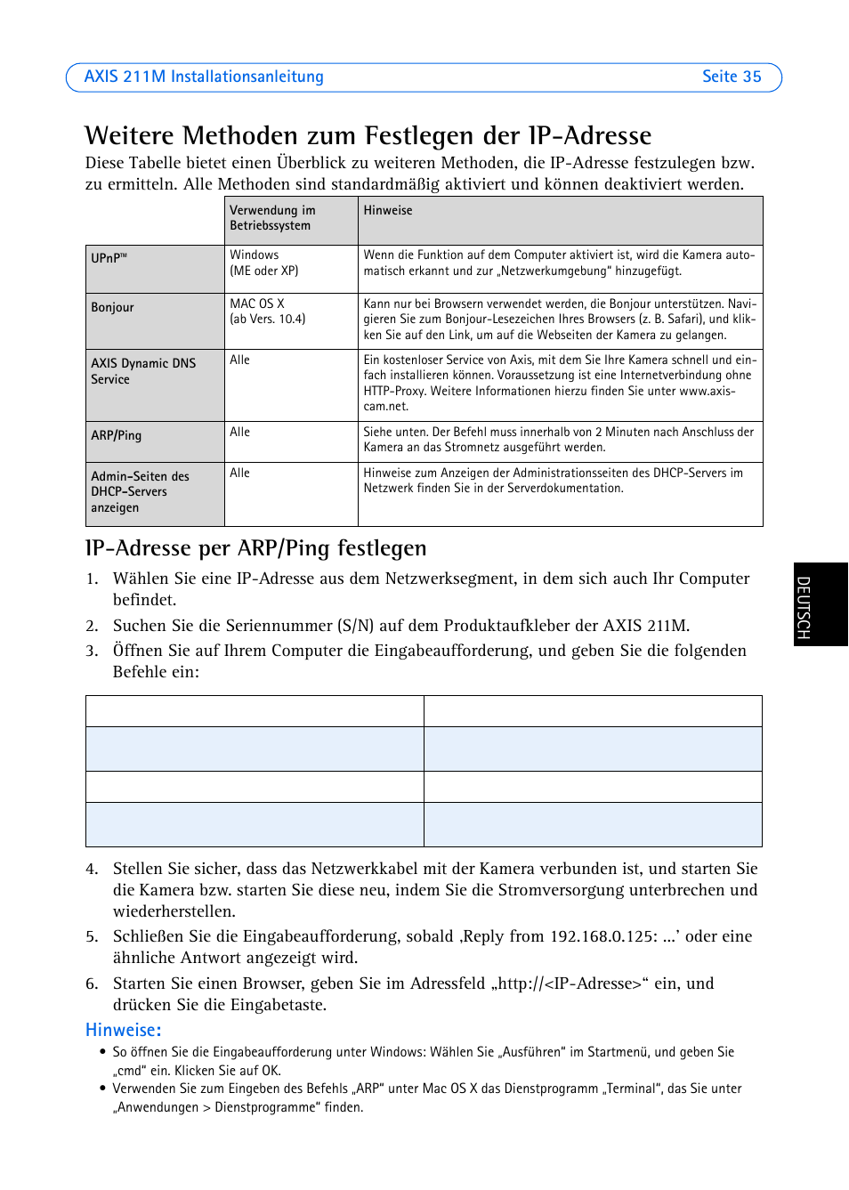 Weitere methoden zum festlegen der ip-adresse, Ip-adresse per arp/ping festlegen, Hinweise | Axis Communications 211M User Manual | Page 35 / 64