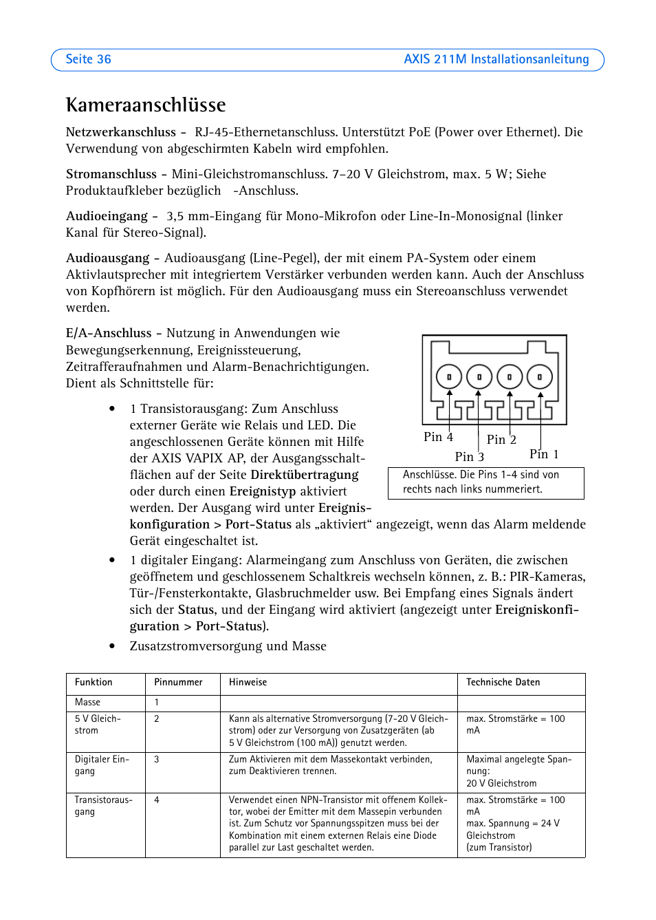Kameraanschlüsse | Axis Communications 211M User Manual | Page 36 / 64