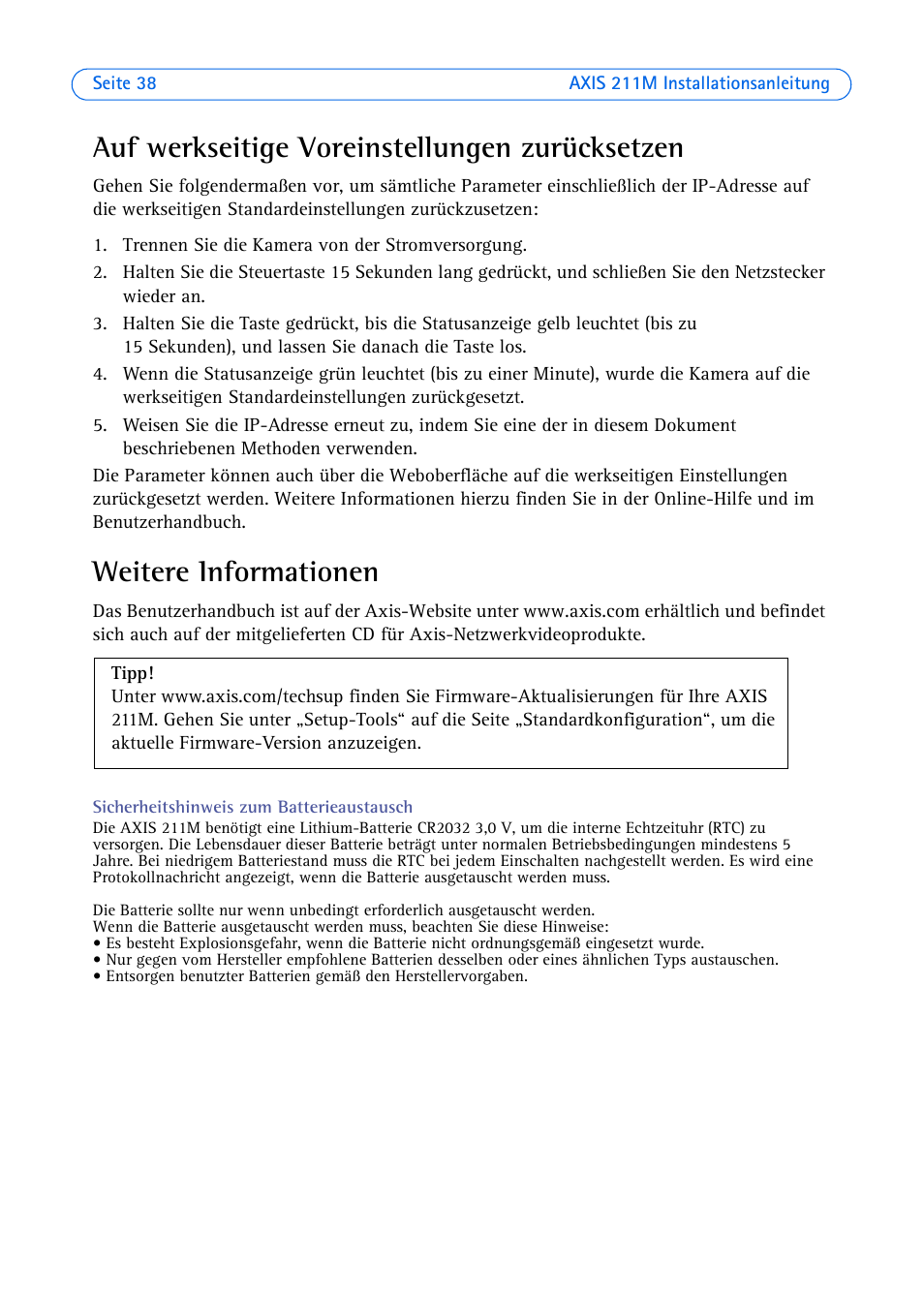Auf werkseitige voreinstellungen zurücksetzen, Weitere informationen | Axis Communications 211M User Manual | Page 38 / 64
