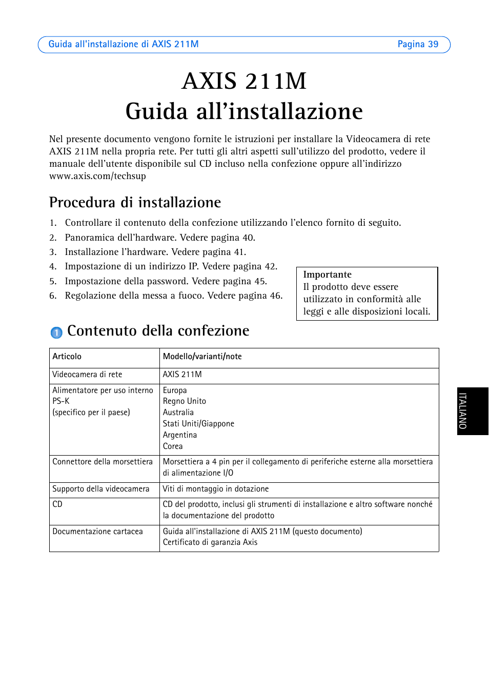 Axis 211m, Guida all'installazione, Procedura di installazione | Contenuto della confezione | Axis Communications 211M User Manual | Page 39 / 64