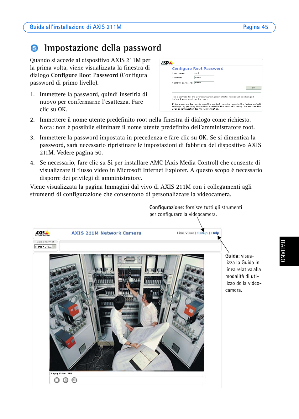 Impostazione della password | Axis Communications 211M User Manual | Page 45 / 64