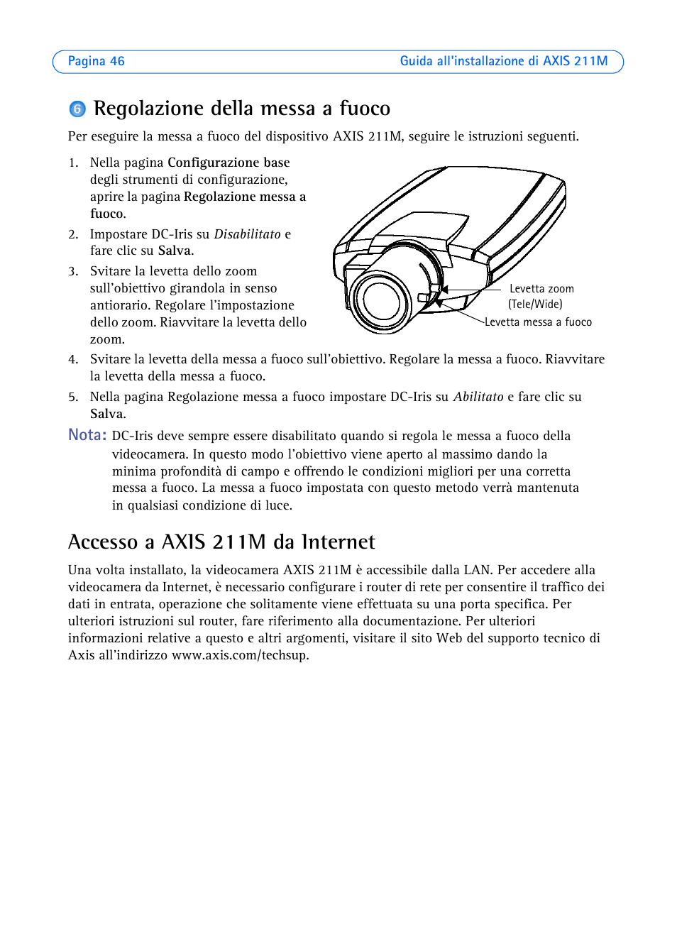 Regolazione della messa a fuoco, Accesso a axis 211m da internet | Axis Communications 211M User Manual | Page 46 / 64