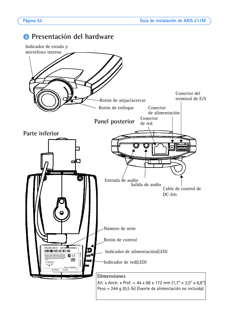 Presentación del hardware, Parte inferior panel posterior | Axis Communications 211M User Manual | Page 52 / 64