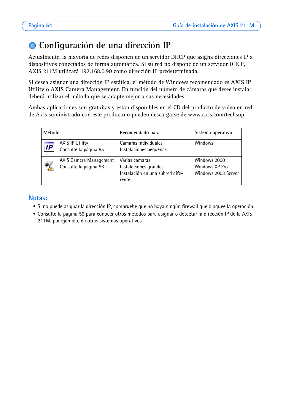 Configuración de una dirección ip, Notas | Axis Communications 211M User Manual | Page 54 / 64