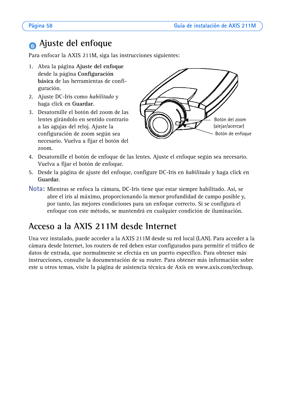 Ajuste del enfoque, Acceso a la axis 211m desde internet | Axis Communications 211M User Manual | Page 58 / 64