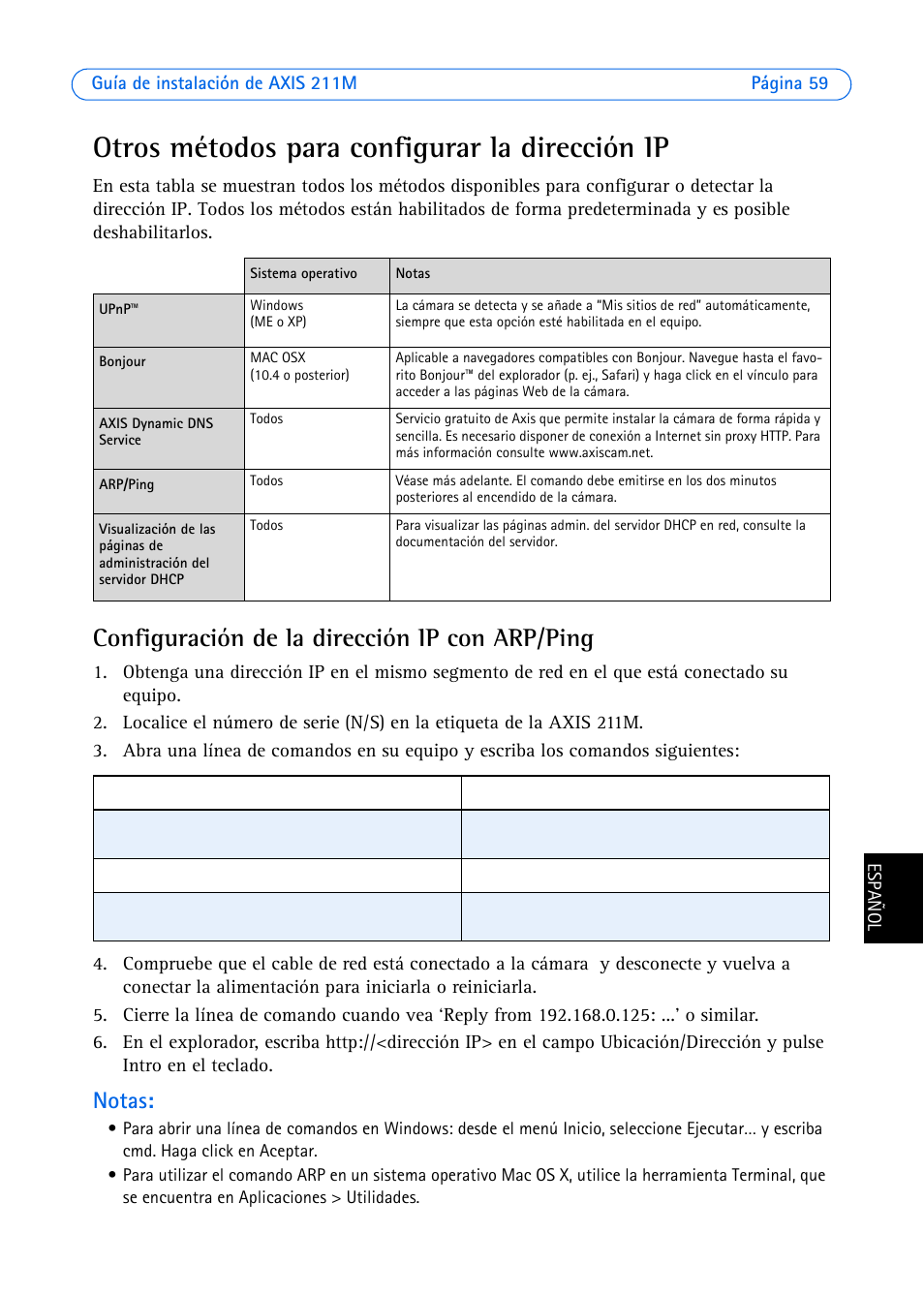 Otros métodos para configurar la dirección ip, Configuración de la dirección ip con arp/ping, Notas | Axis Communications 211M User Manual | Page 59 / 64
