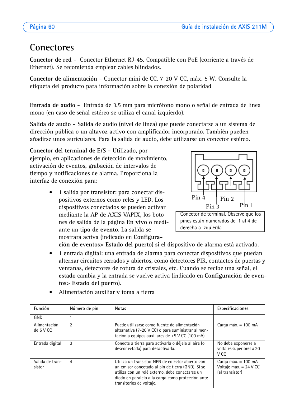 Conectores, Positiva o negativa | Axis Communications 211M User Manual | Page 60 / 64