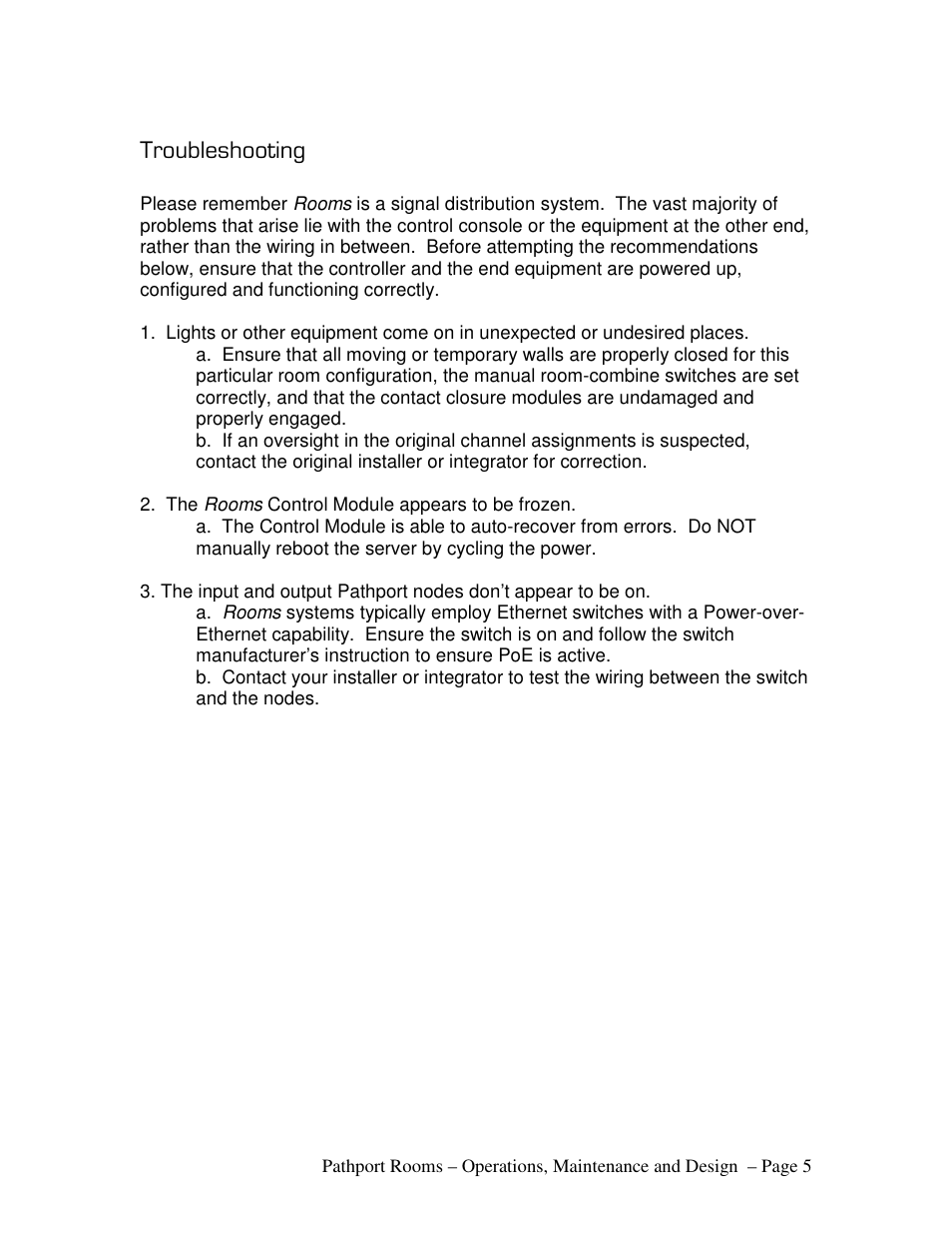 Troubleshooting | Pathway Rooms Design and Operations Guide User Manual | Page 5 / 15