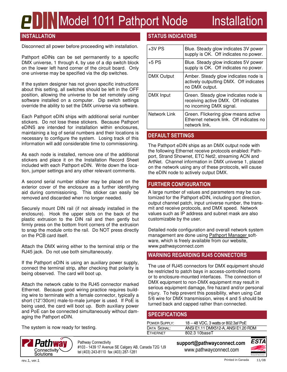 Model 1011 pathport node installation, Esta, Installation | Specifications, Default settings, Status indicators, Further configuration, Warning regarding rj45 connectors | Pathway eDIN Pathport #1011 User Manual | Page 2 / 2