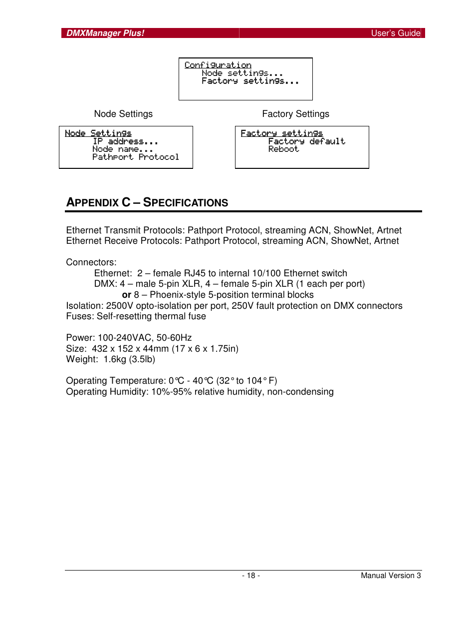 Ppendix, Pecifications | Pathway DMX Manager Plus! #6301, 6302 User Manual | Page 18 / 18