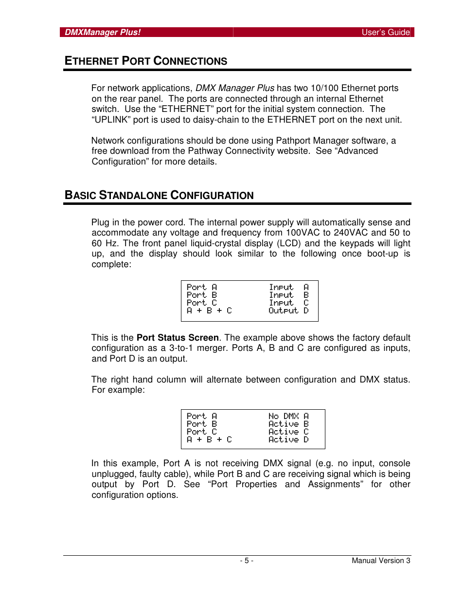 Thernet, Onnections, Asic | Tandalone, Onfiguration | Pathway DMX Manager Plus! #6301, 6302 User Manual | Page 5 / 18