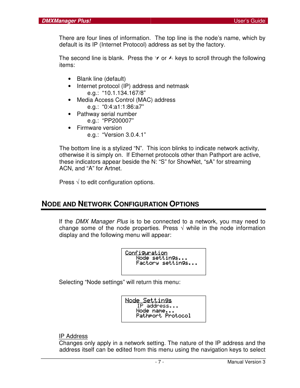 Ode and, Etwork, Onfiguration | Ptions | Pathway DMX Manager Plus! #6301, 6302 User Manual | Page 7 / 18