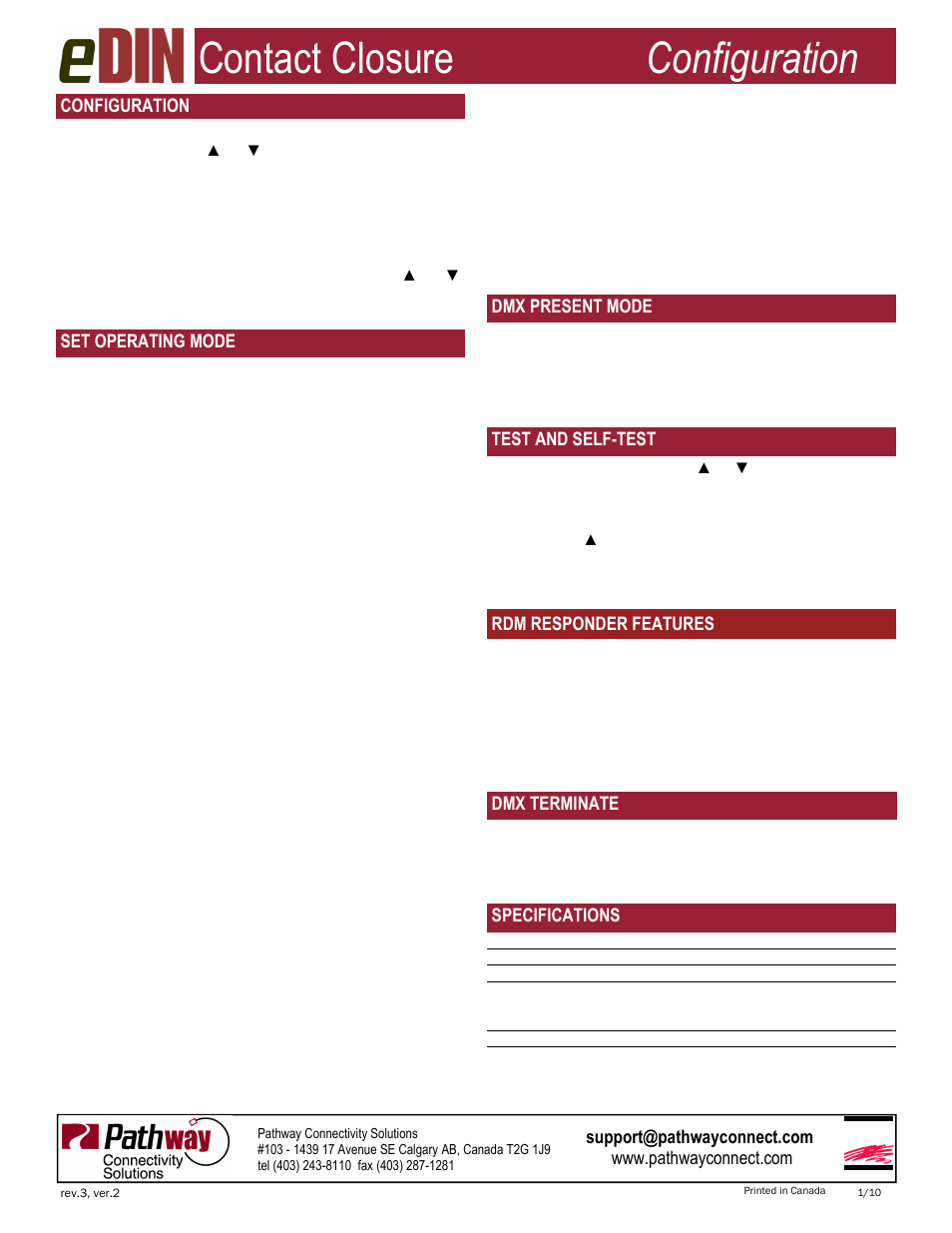 Contact closure configuration, Configuration, Esta | Set operating mode, Specifications, Dmx terminate, Test and self-test, Rdm responder features, Dmx present mode | Pathway #1003 eDIN Contact Closure Interface User Manual | Page 2 / 2