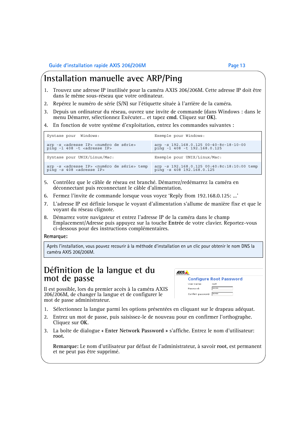 Installation manuelle avec arp/ping, Définition de la langue et du mot de passe | Axis Communications 206M User Manual | Page 13 / 36