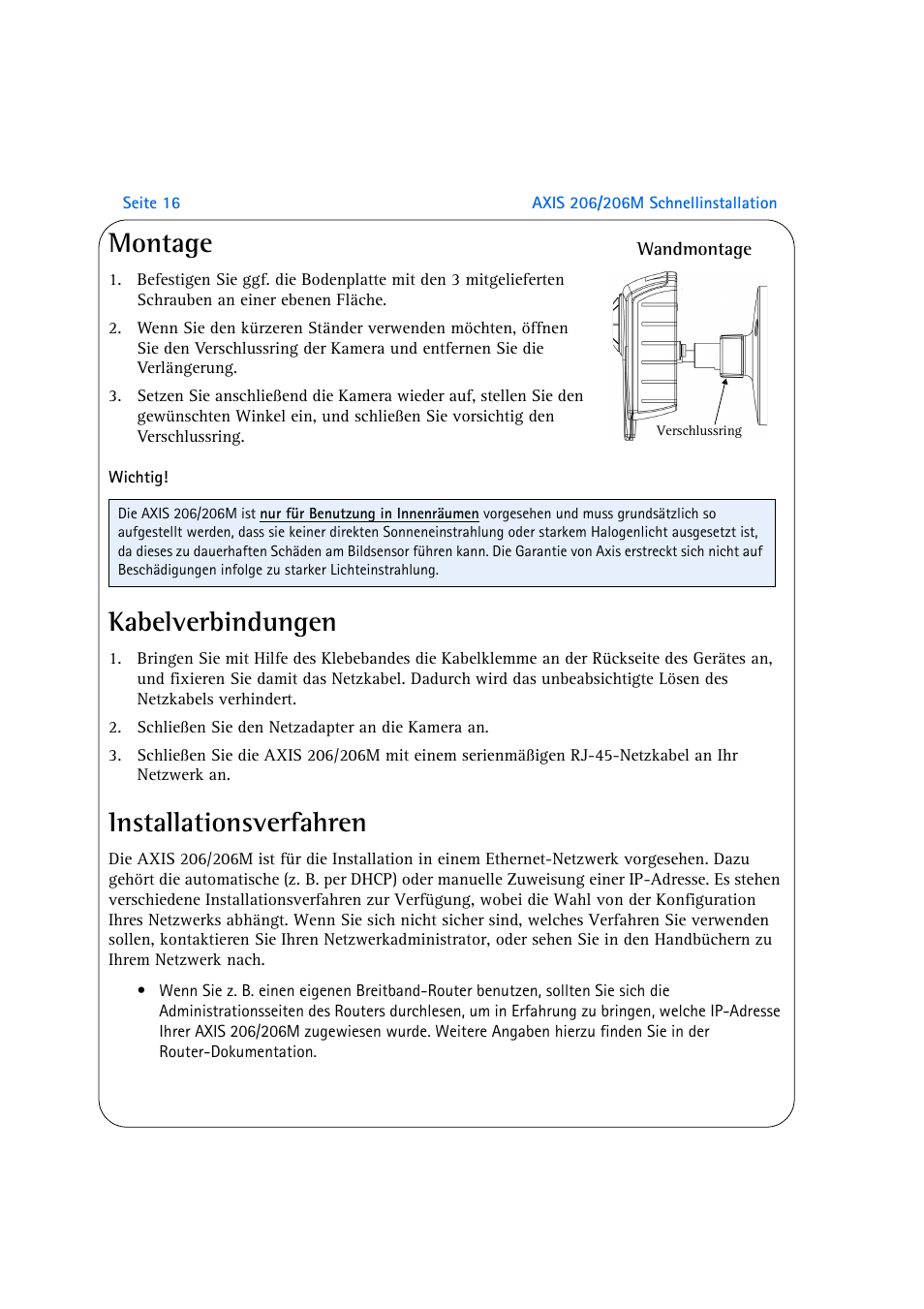 Montage, Kabelverbindungen, Installationsverfahren | Axis Communications 206M User Manual | Page 16 / 36