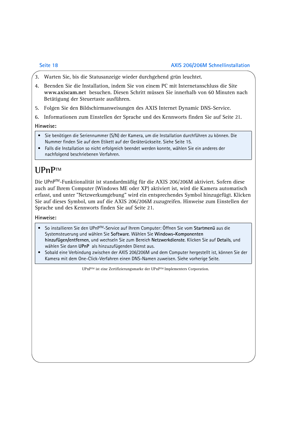 Upnptm, Auf seite 18, Upnp | Axis Communications 206M User Manual | Page 18 / 36