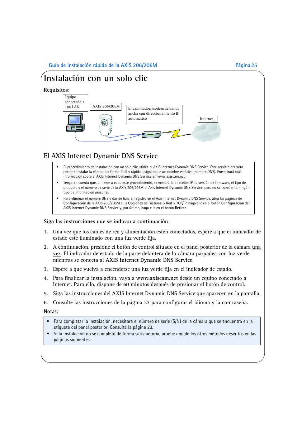 Instalación con un solo clic, El axis internet dynamic dns service | Axis Communications 206M User Manual | Page 25 / 36