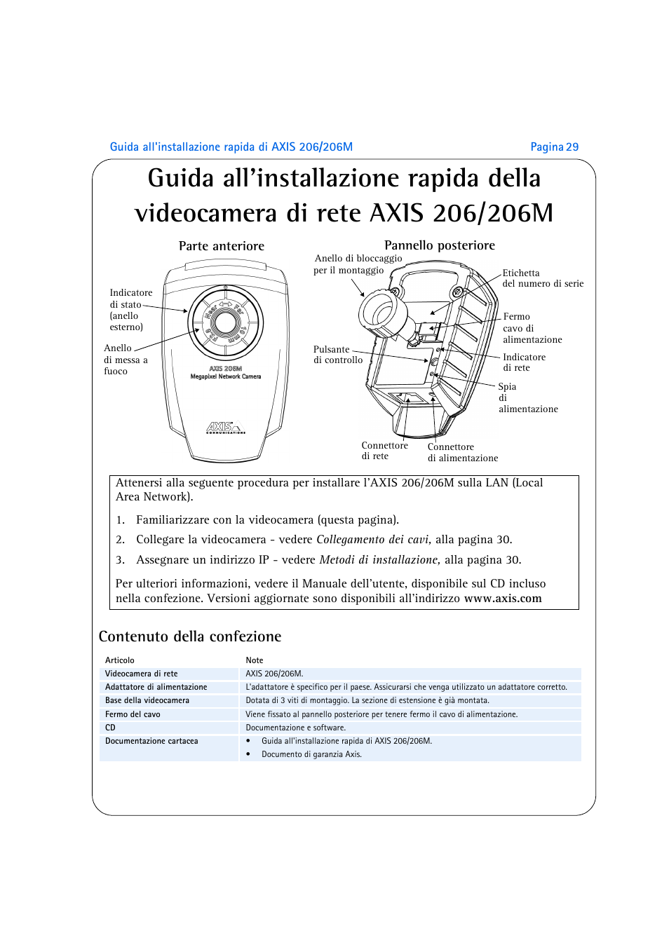 Contenuto della confezione, Parte anteriore, Pannello posteriore | Axis Communications 206M User Manual | Page 29 / 36