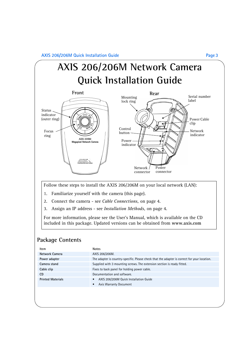 Package contents, Front, Rear | Axis Communications 206M User Manual | Page 3 / 36