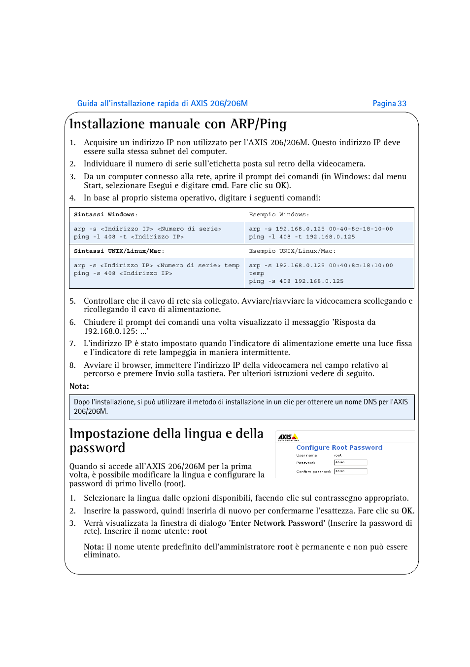 Installazione manuale con arp/ping, Impostazione della lingua e della password | Axis Communications 206M User Manual | Page 33 / 36
