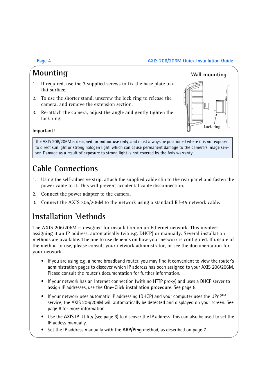 Mounting, Cable connections, Installation methods | Axis Communications 206M User Manual | Page 4 / 36