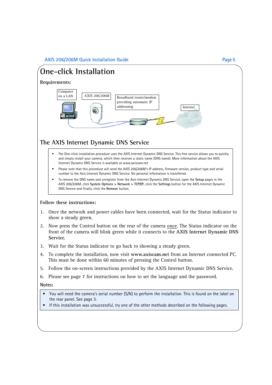 One-click installation, The axis internet dynamic dns service | Axis Communications 206M User Manual | Page 5 / 36