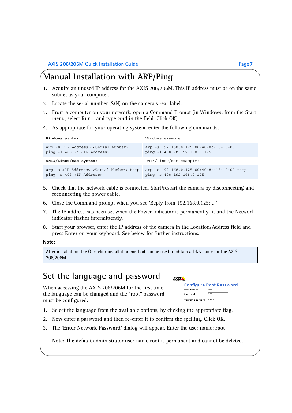 Manual installation with arp/ping, Set the language and password | Axis Communications 206M User Manual | Page 7 / 36