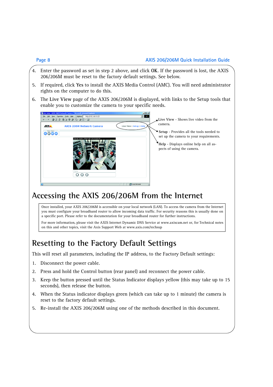 Accessing the axis 206/206m from the internet, Resetting to the factory default settings | Axis Communications 206M User Manual | Page 8 / 36