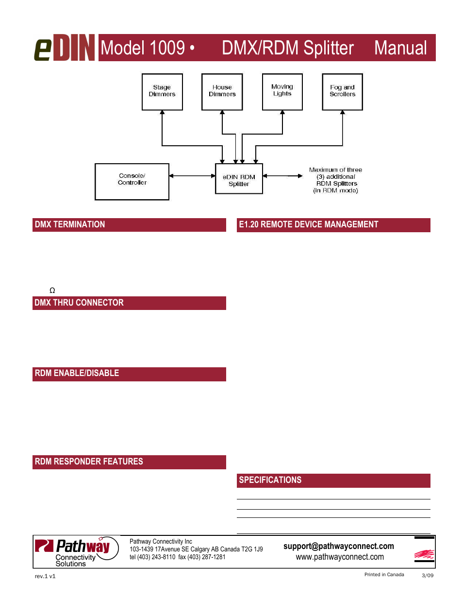 Model 1009 • dmx/rdm splitter manual, Esta, Specifications | E1.20 remote device management, Dmx termination, Rdm enable/disable rdm responder features, Dmx thru connector, Typical system layout | Pathway #1009 DMX/RDM Splitter User Manual | Page 2 / 2