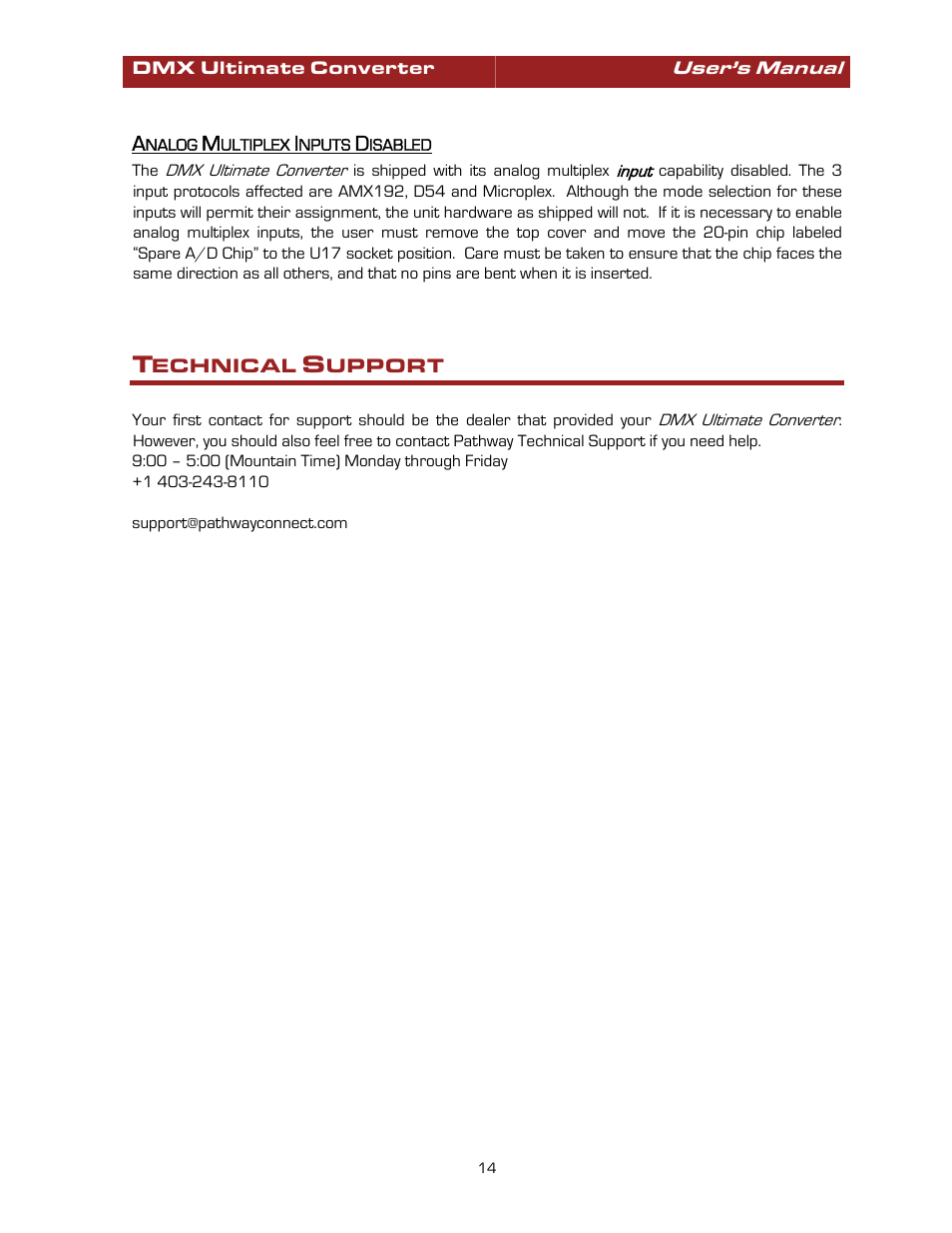 Analog multiplex inputs disabled, Technical support | Pathway #8680 Ultimate Converter User Manual | Page 14 / 14