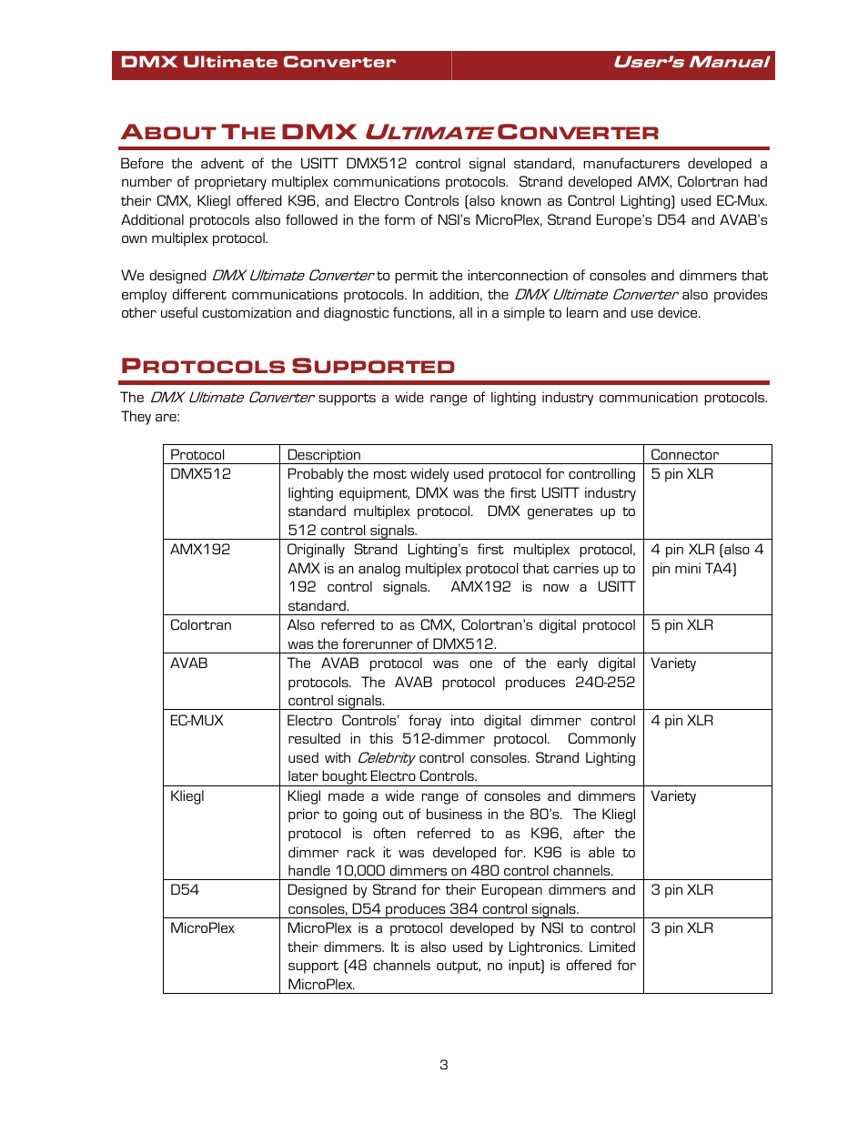 About the dmx ultimate converter, Protocols supported, About the dmx | Ultimate, Converter | Pathway #8680 Ultimate Converter User Manual | Page 3 / 14