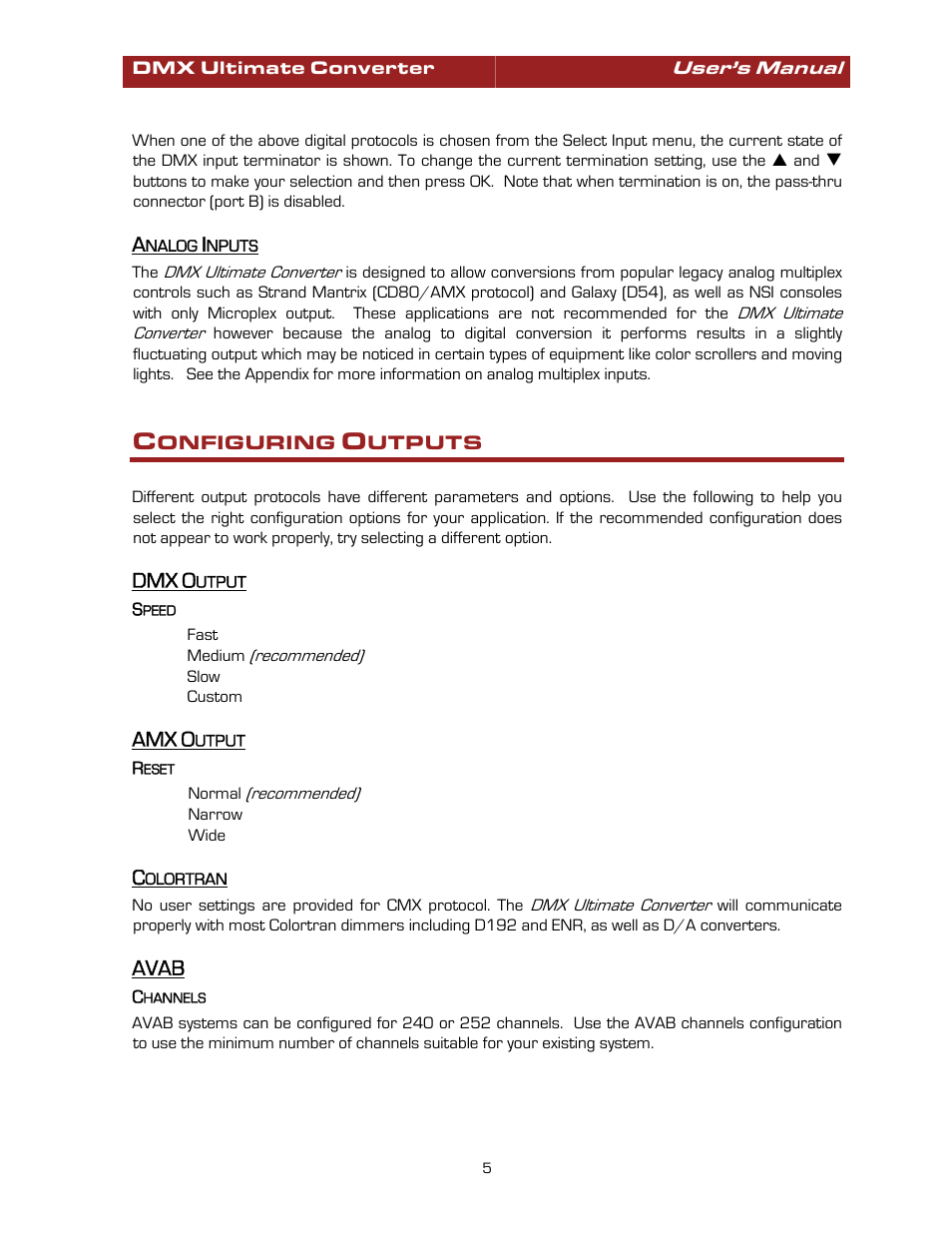 Analog inputs, Configuring outputs, Dmx output | Speed, Amx output, Reset, Colortran, Avab, Channels, Colortran avab | Pathway #8680 Ultimate Converter User Manual | Page 5 / 14