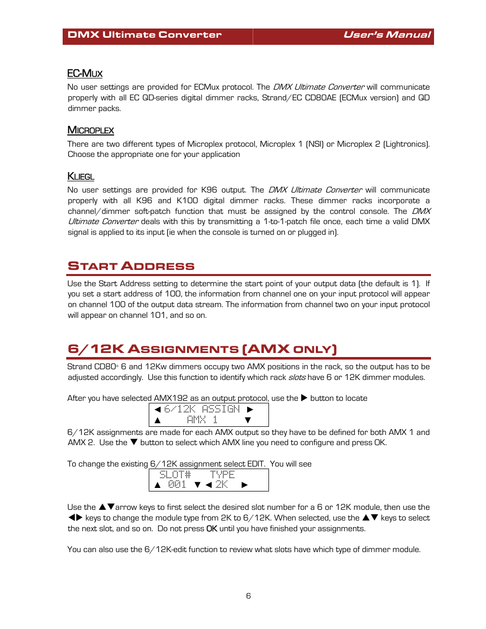 Ec-mux, Microplex, Kliegl | Start address, 6/12k assignments (amx only), Ec-mux microplex kliegl, 6/12k | Pathway #8680 Ultimate Converter User Manual | Page 6 / 14