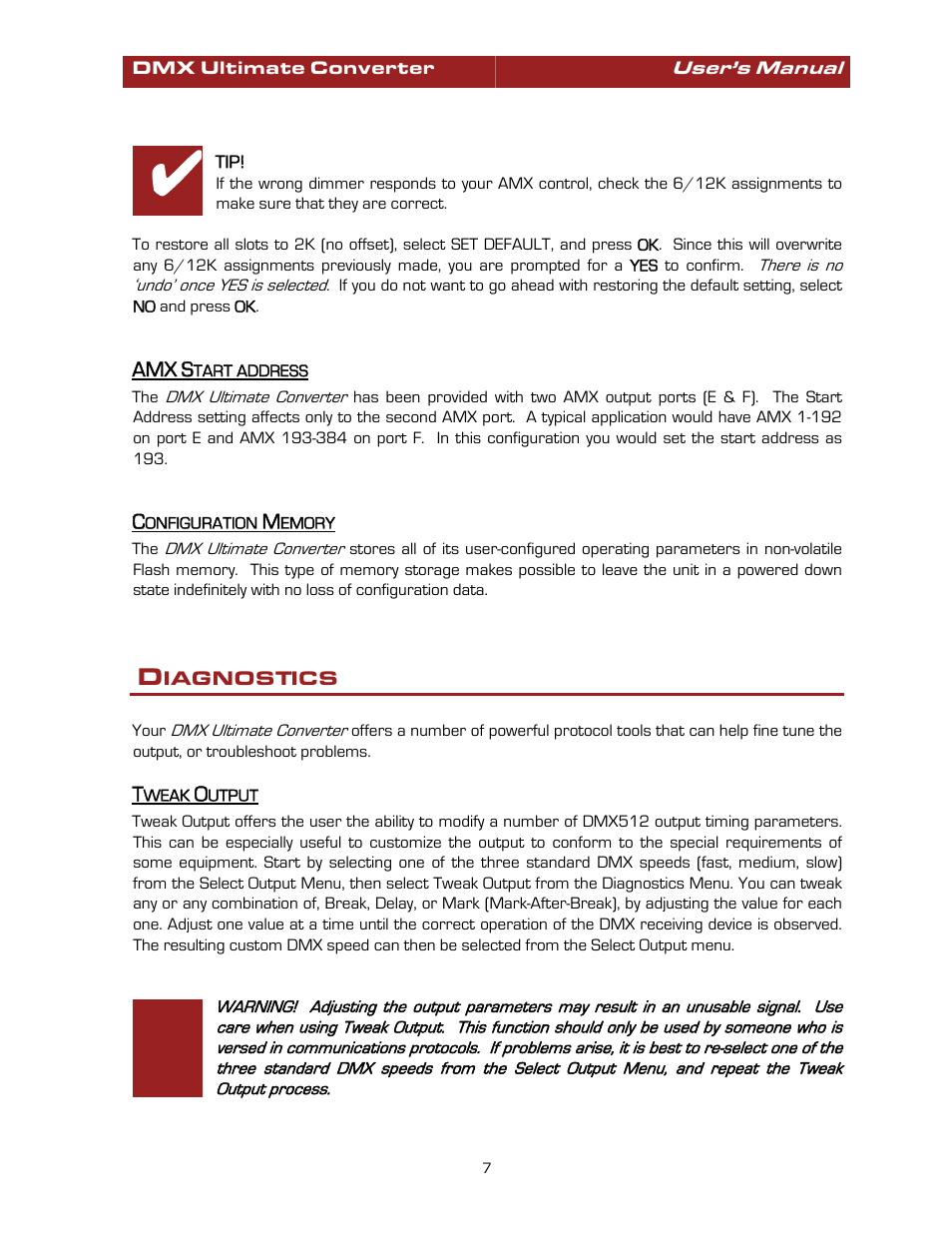 Amx start address, Configuration memory, Diagnostics | Tweak output, Amx start address configuration memory | Pathway #8680 Ultimate Converter User Manual | Page 7 / 14