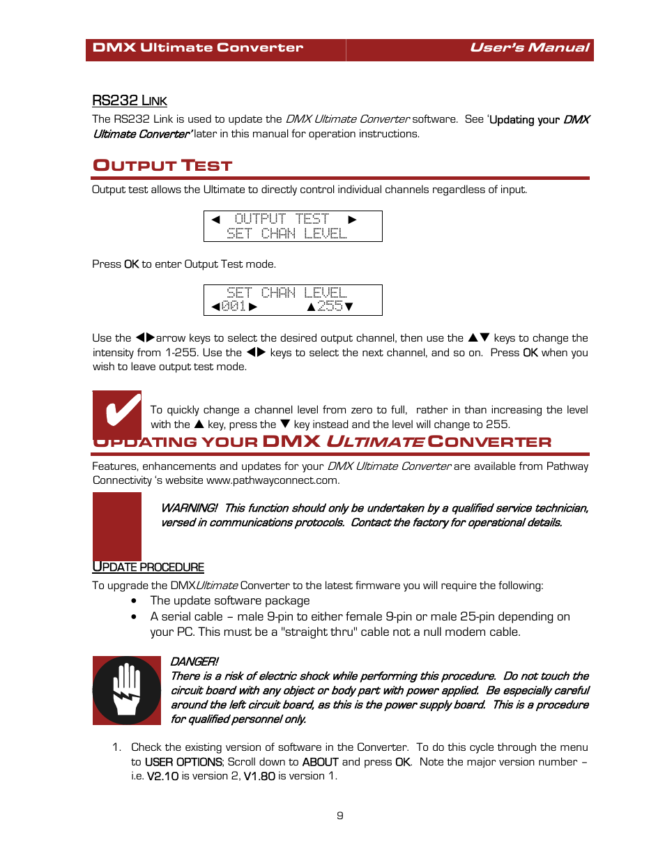 Rs232 link, Output test, Updating your dmx ultimate converter | Update procedure, Updating your dmx, Ultimate, Converter | Pathway #8680 Ultimate Converter User Manual | Page 9 / 14
