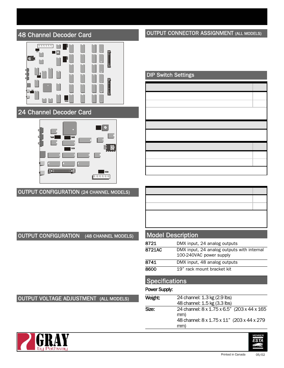 Dmx decoder user guide, Model description specifications, 48 channel decoder card 24 channel decoder card | Dip switch settings, Output voltage adjustment, Output configuration, Output connector assignment, Power supply | Pathway DMX Decoder - # 8721/8741 User Manual | Page 4 / 4