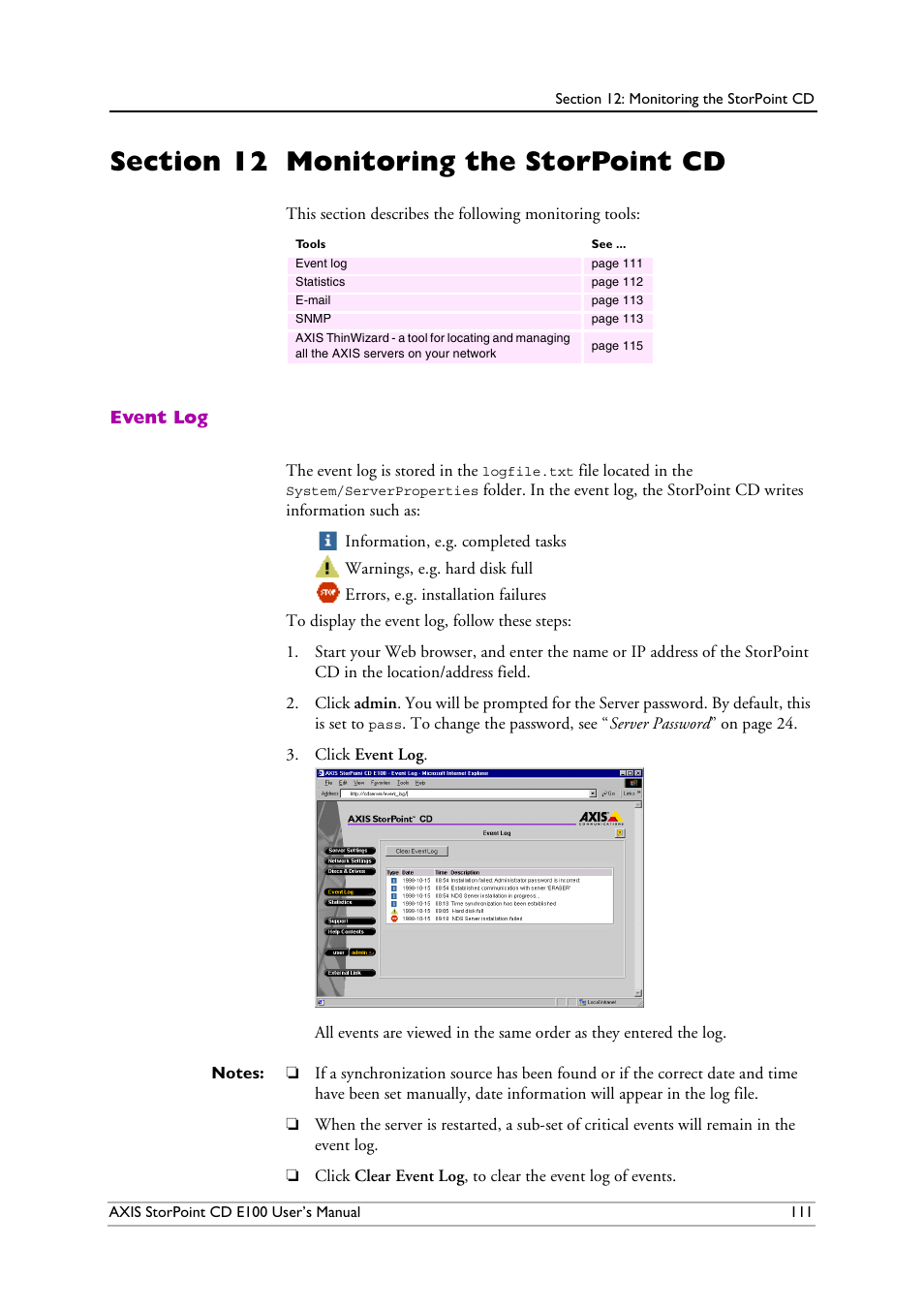 Section 12 monitoring the storpoint cd, Event log, Section 12 | Monitoring the storpoint cd | Axis Communications CD E100 User Manual | Page 111 / 163