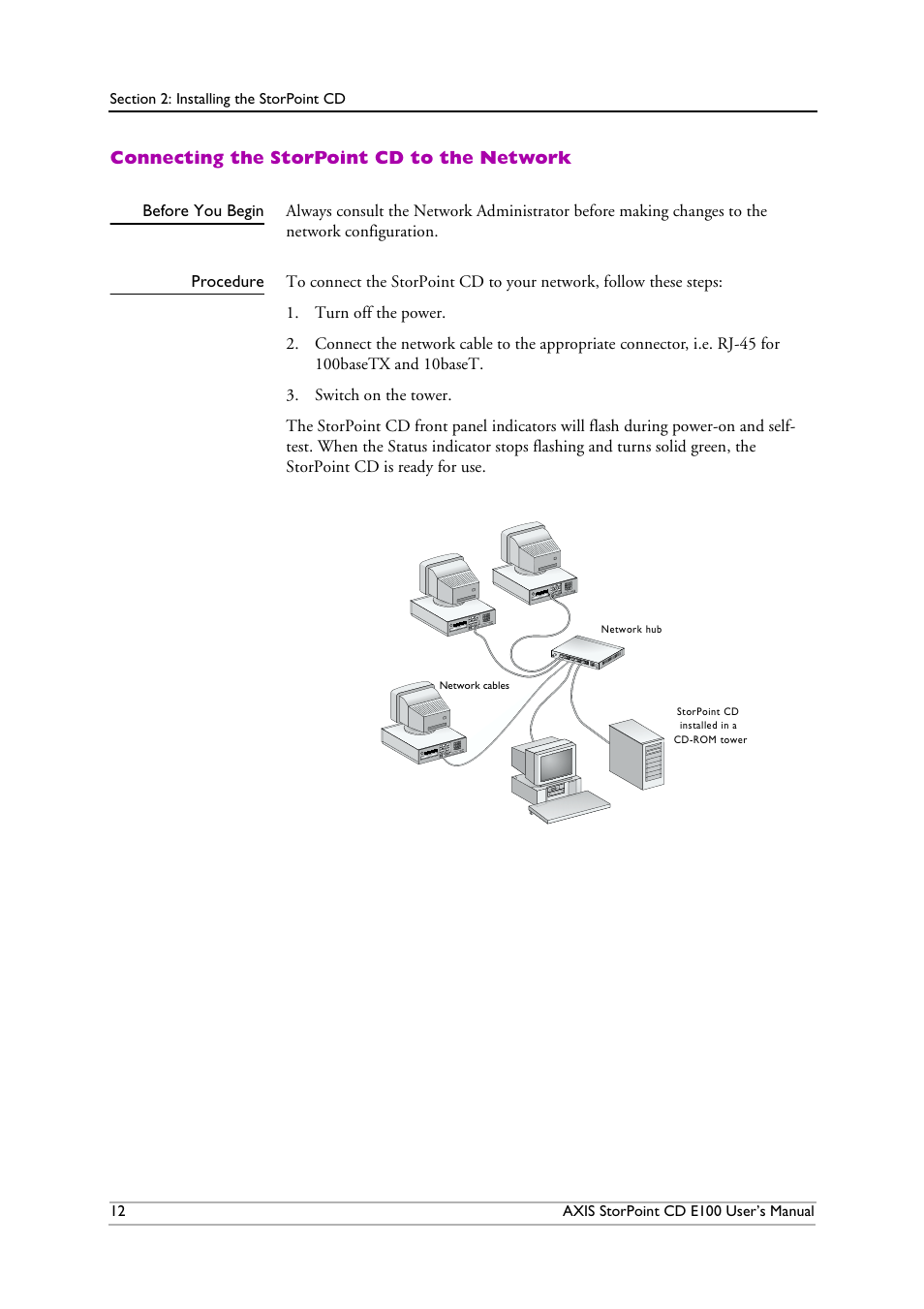 Connecting the storpoint cd to the network, Beforeyoubegin, Procedure | Axis Communications CD E100 User Manual | Page 12 / 163